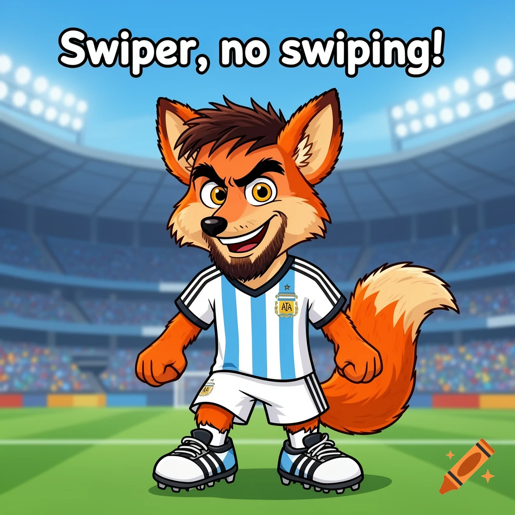 Cartoon fox in Argentina soccer jersey stands on a stadium field, with 'Swiper, no swiping!' text.