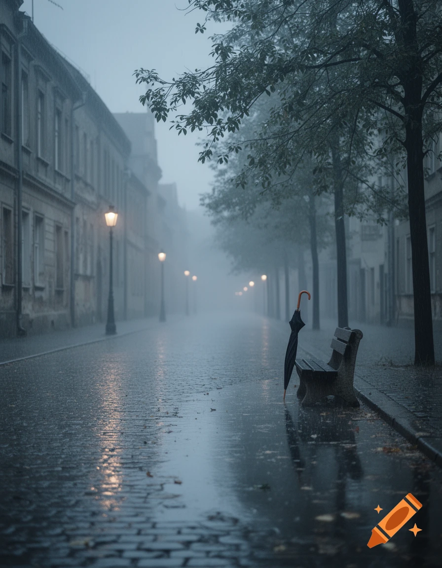 A rainy, foggy cobblestone street with a lit streetlamp, buildings, trees, and a lone bench with a black umbrella leaning against it.