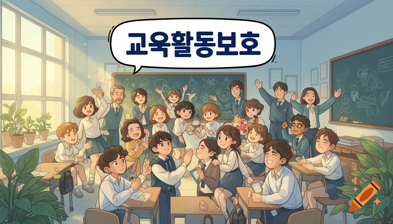 A cheerful anime illustration of students and teachers in a bright classroom, with a speech bubble showing Korean text 'Protection of educational activities'.