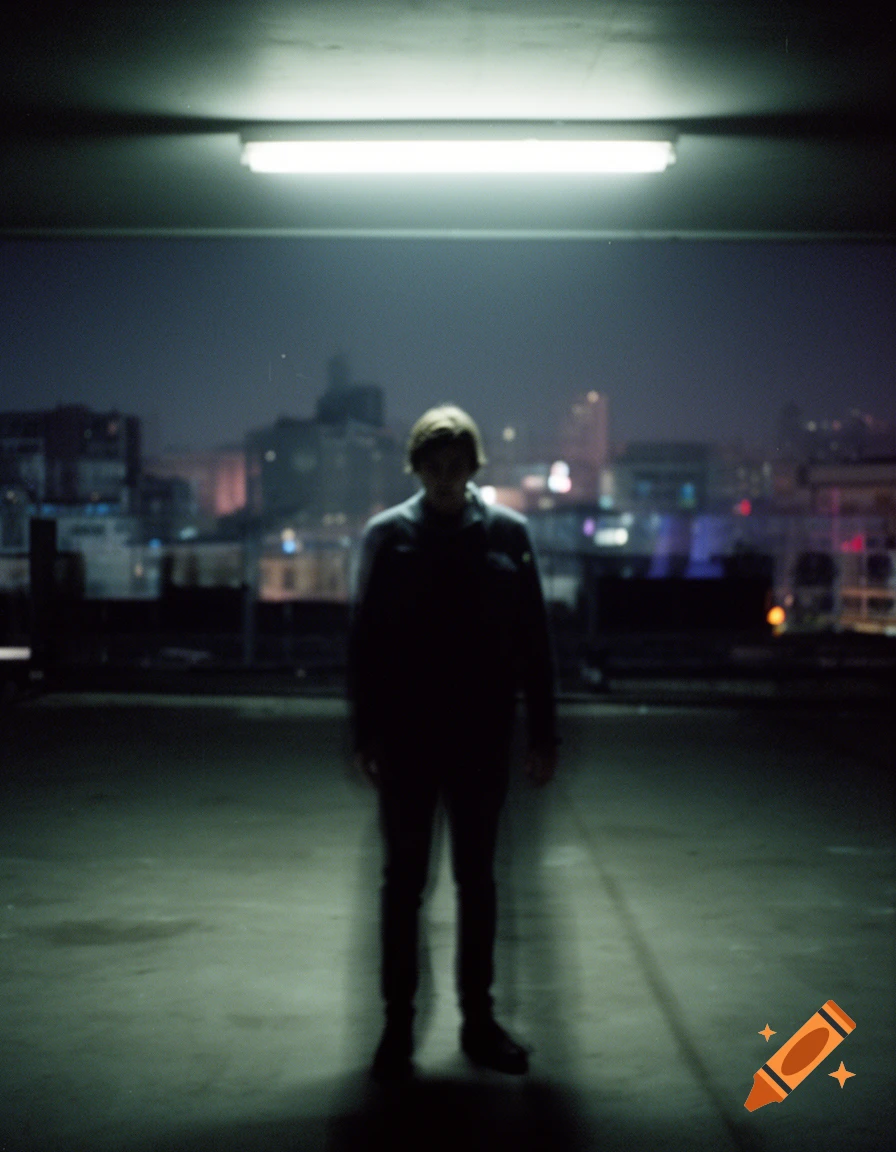 A blurry, silhouetted person stands under a fluorescent light on a rooftop at night, with a city skyline in the background.