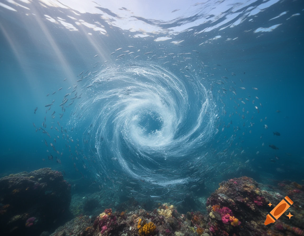 Photorealistic underwater scene with a swirling white whirlpool, schools of fish, and colorful coral reefs below, bathed in sunlight from above.