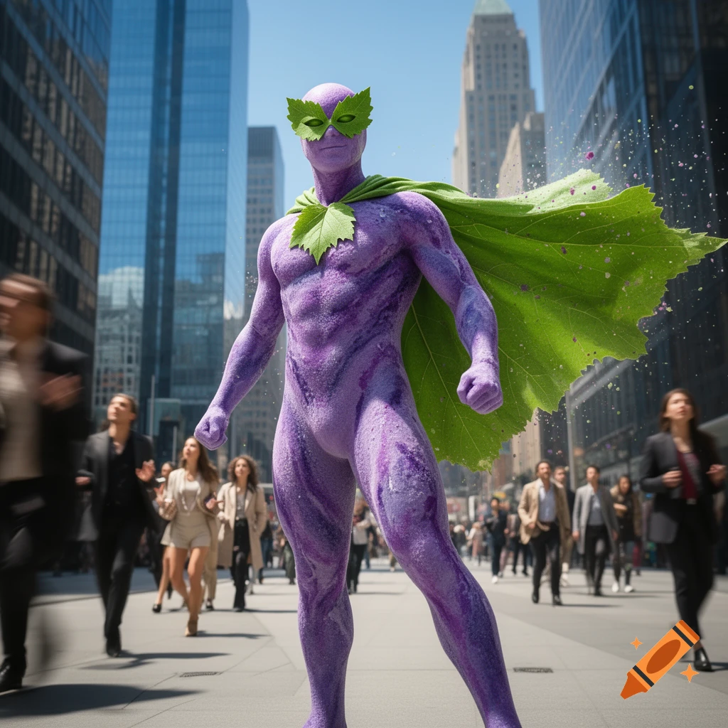A purple, muscular superhero with a green leaf mask and cape stands dramatically in a bustling city street, with skyscrapers in the background.