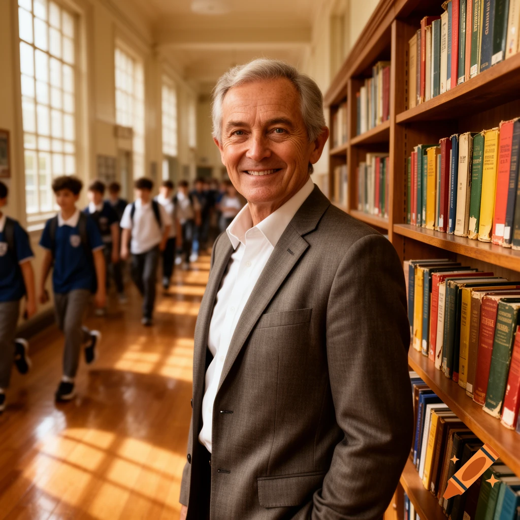 A smiling older man in a suit stands next to a bookshelf in a sunny school hallway, with students walking in the background.