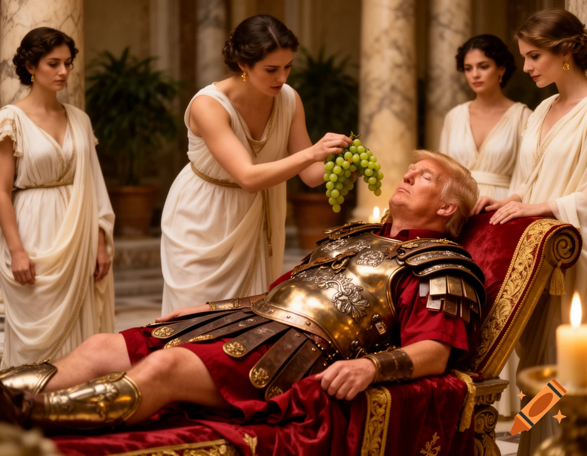 Photorealistic image of Donald Trump as a Roman legionnaire reclining on a red chaise, being fed grapes by women in togas.