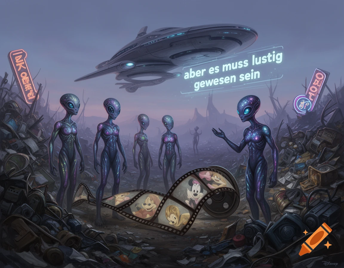 Digital painting of aliens in a desolate junkyard finding a film reel with classic Disney cartoon characters. A spaceship hovers above, and a speech bubble reads "aber es muss lustig gewesen sein."
