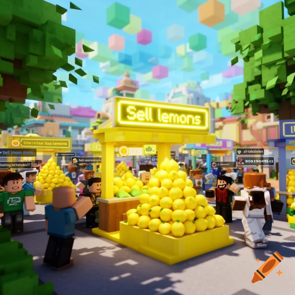 A Roblox-style voxel marketplace scene with blocky characters, numerous lemon stalls, and a bright yellow neon sign reading "Sell lemons".