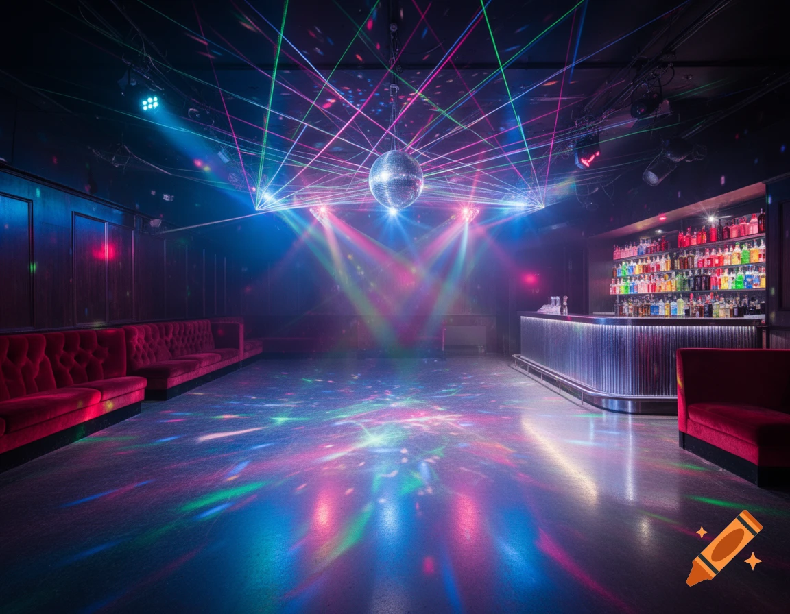An empty disco with red velvet couches, a bar, and colorful laser lights reflecting on the floor, photorealistic.