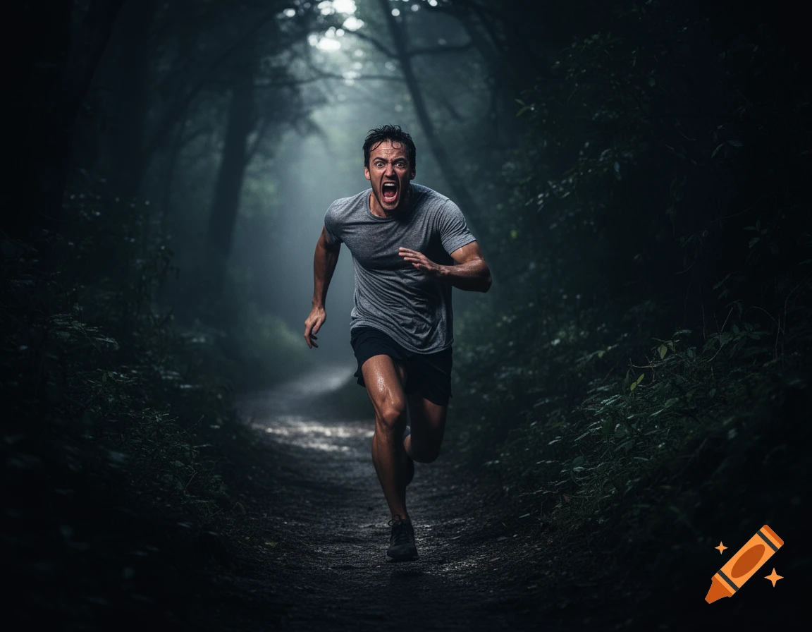 A man with a contorted face of horror runs intensely through a dark, foggy forest path, photorealistic.