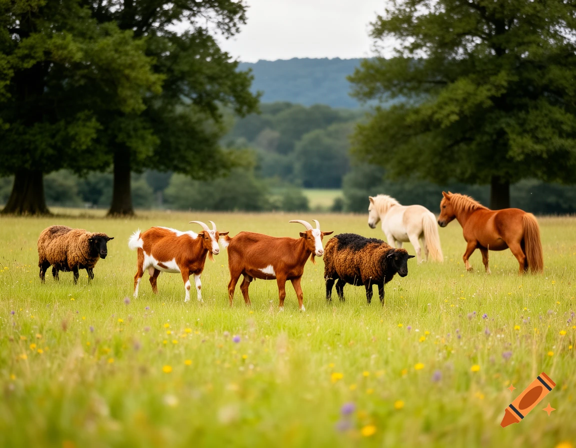 Goats, sheep, and horses graze together in a vibrant green meadow with trees and distant hills.