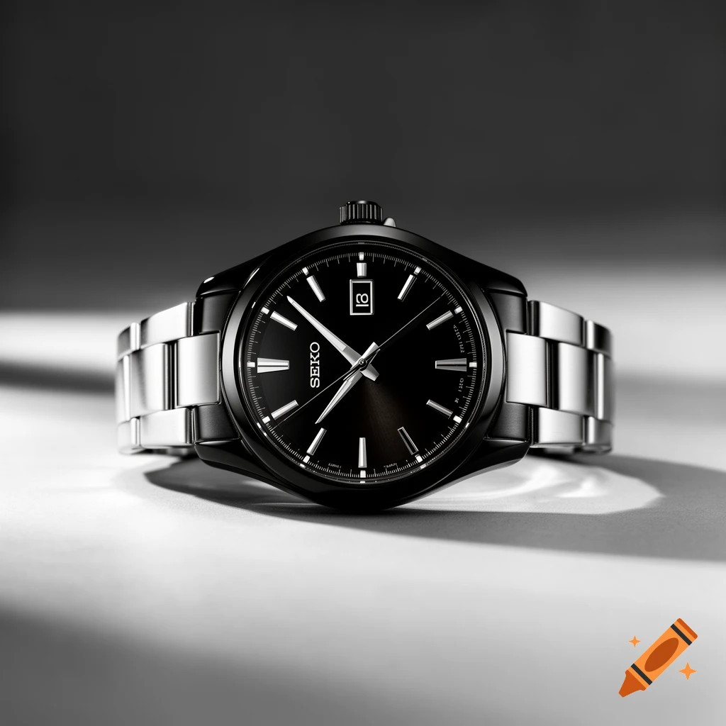 A close-up, high-contrast shot of a black Seiko wristwatch with a silver oyster band, casting shadows on a white surface.