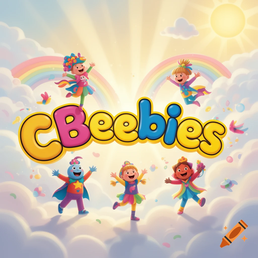 Vibrant cartoon CBeebies logo surrounded by cheerful characters, clouds, rainbows, and a shining sun in a bright sky.