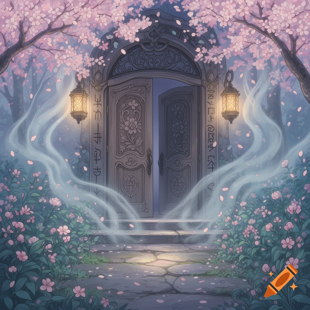 A mystical ornate stone doorway in a cherry blossom forest, illuminated by lanterns and surrounded by mist, in Studio Ghibli style.