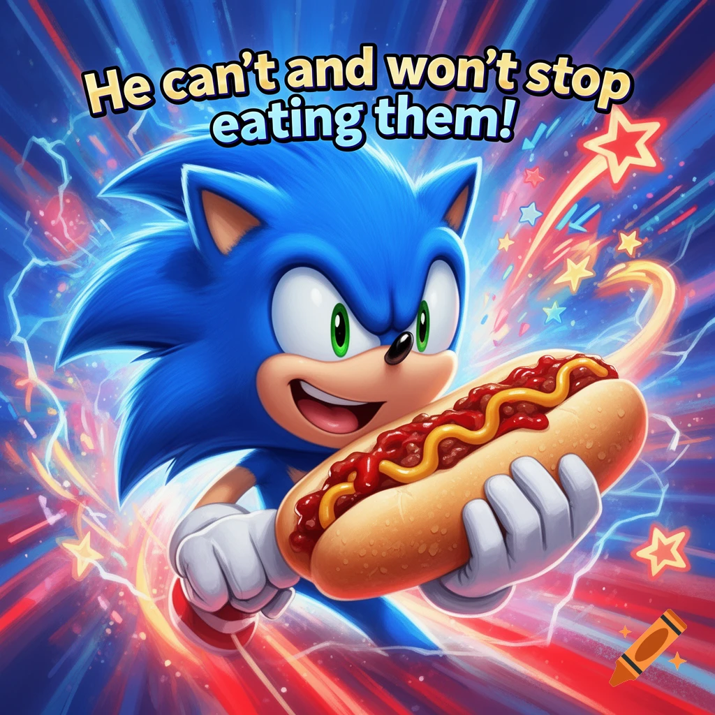 Sonic the Hedgehog grins while holding a large chili dog with a dynamic, colorful background.