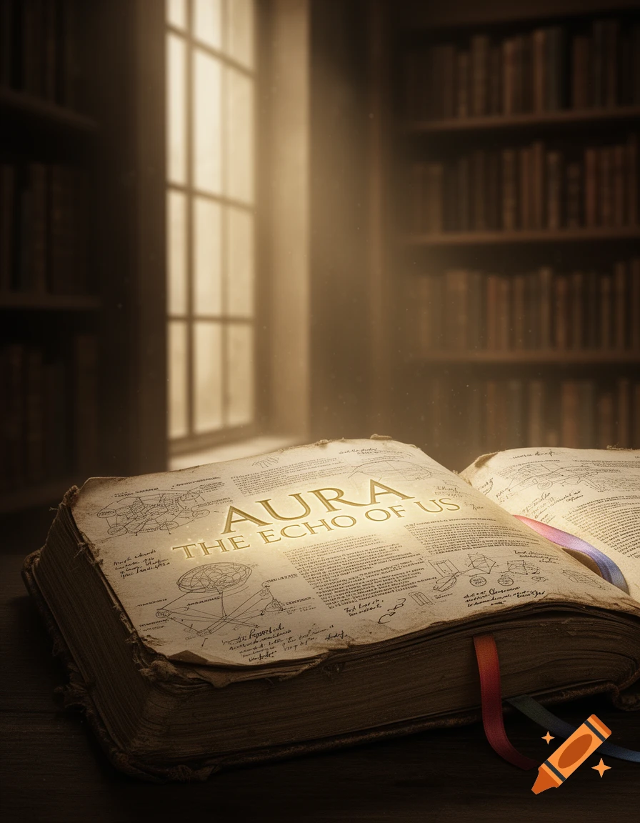 An ancient, open book titled "AURA THE ECHO OF US" with glowing text and diagrams, resting on a table in a dimly lit library.