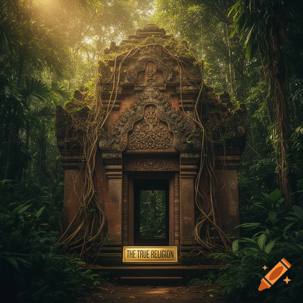 Ancient overgrown temple in a dense jungle, illuminated by sunrays, with a sign reading 'THE TRUE RELIGION' in front.