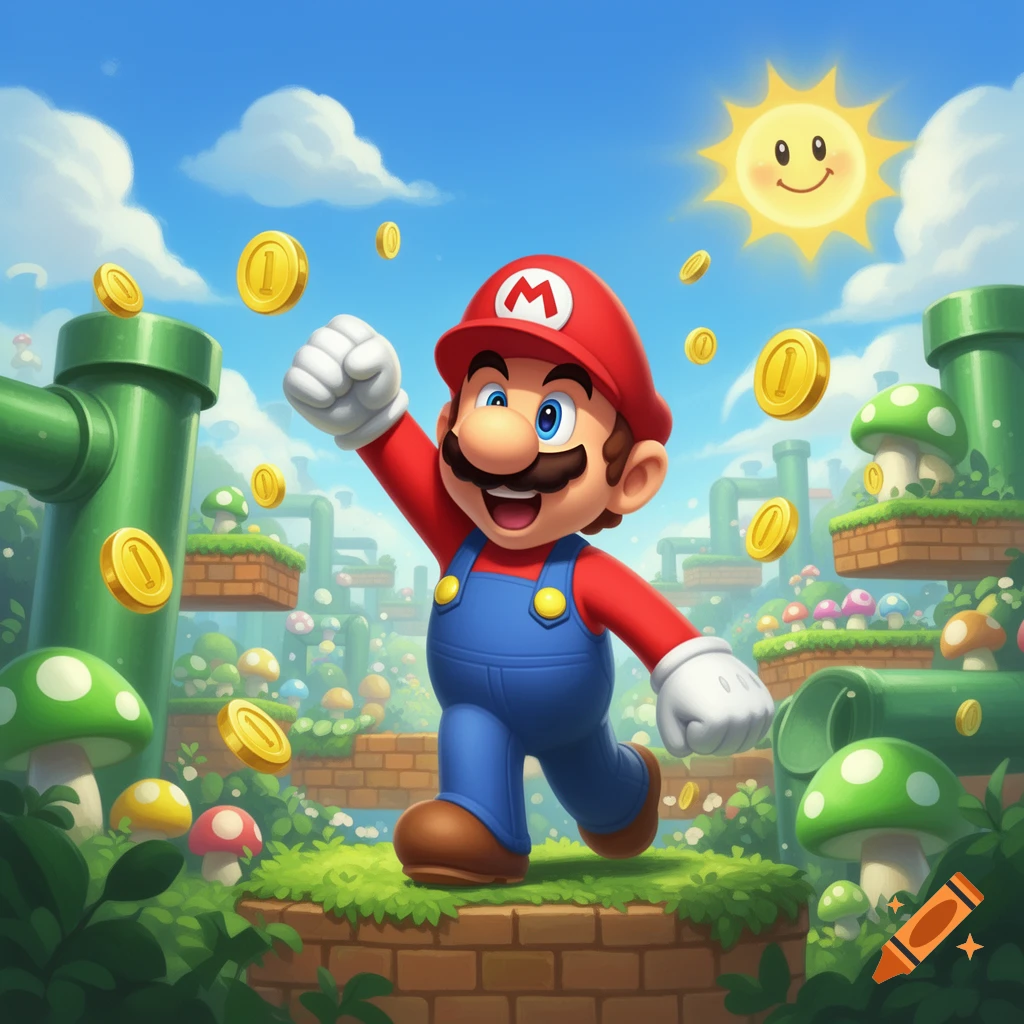 Mario in a classic video game setting, with green pipes, brick platforms, mushrooms, and floating gold coins under a happy sun.