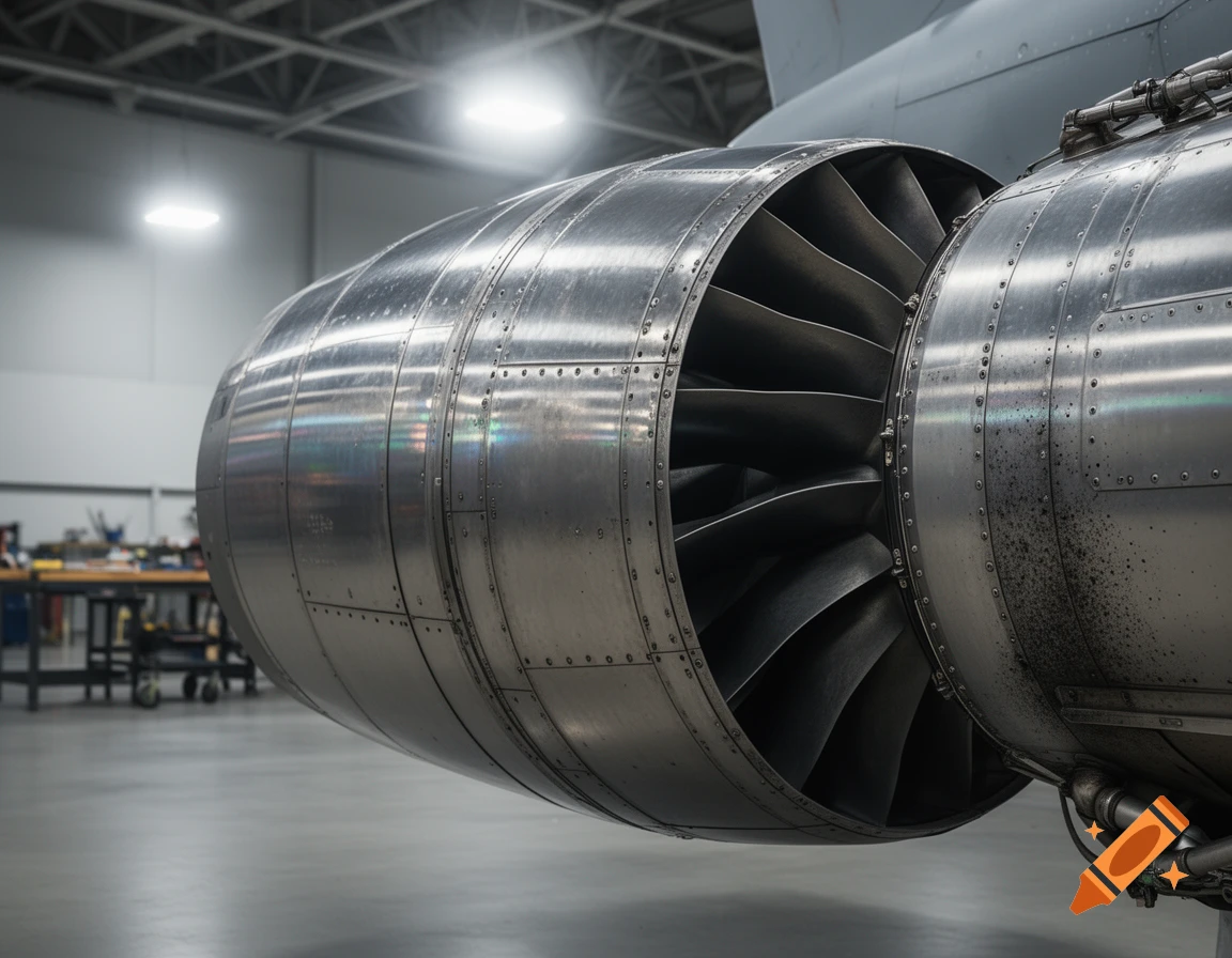 A close-up, photorealistic view of a fighter jet engine's metallic casing and turbine blades inside a hangar.