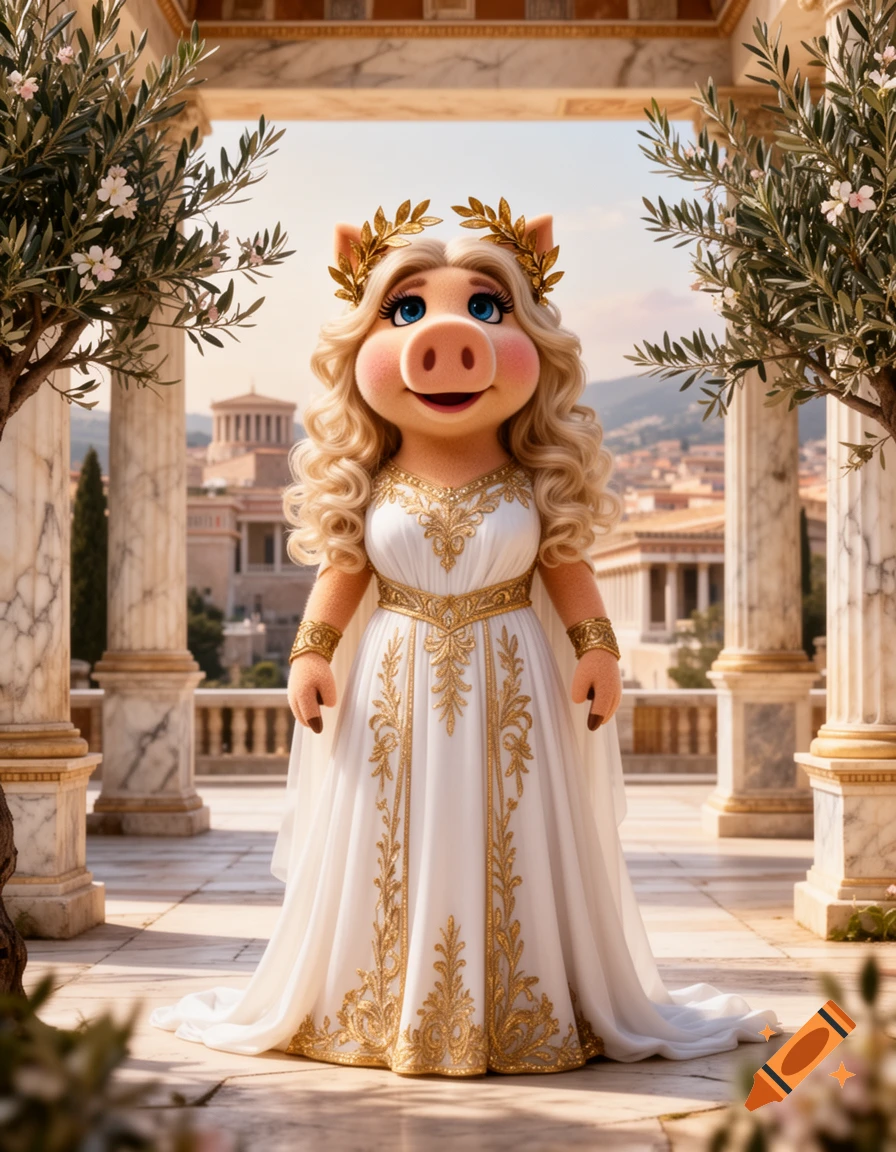 Miss Piggy dressed as a Greek goddess, wearing a white and gold gown and a laurel wreath, stands on a classical patio.