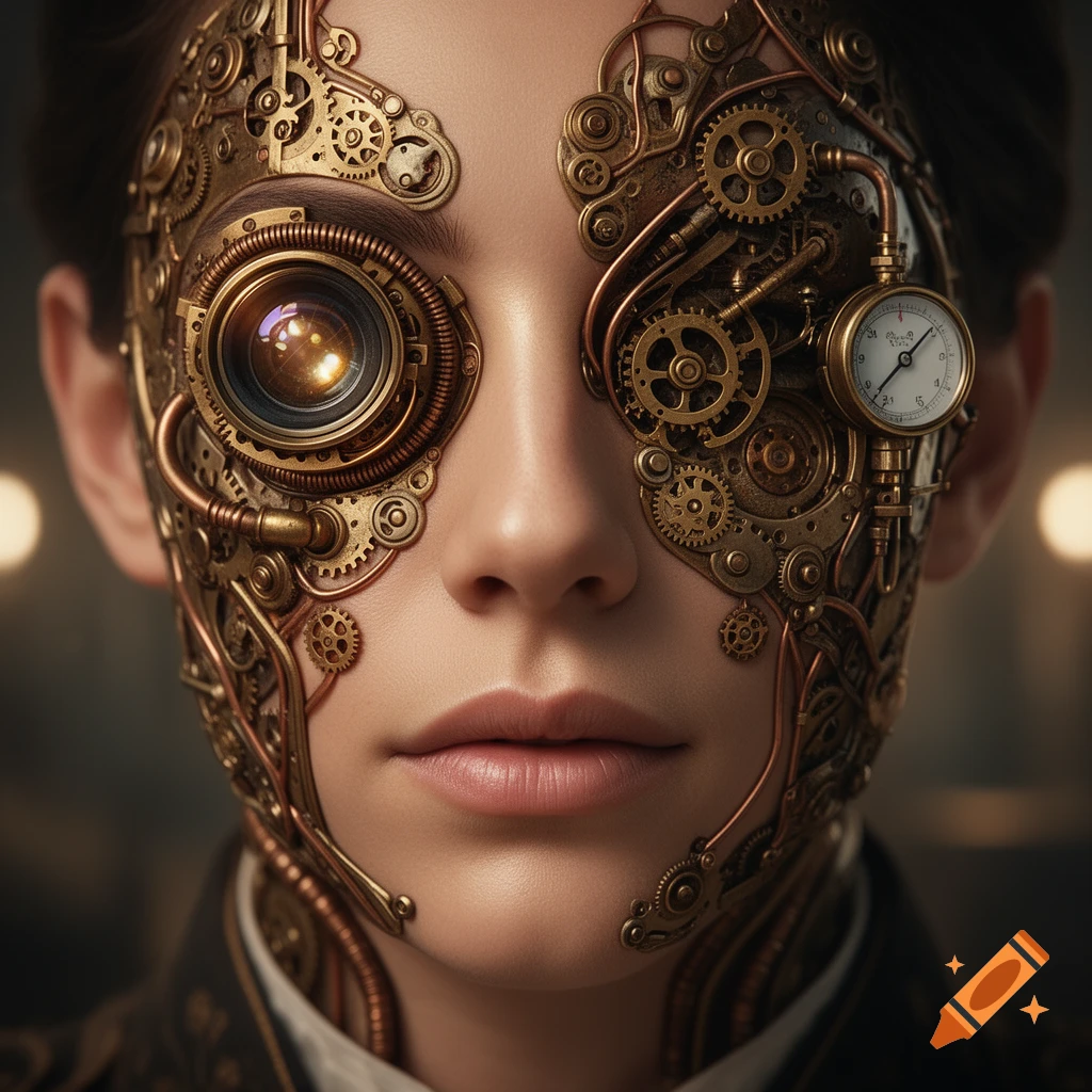 Close-up photorealistic portrait of a person with intricate brass and copper steampunk gears and a camera lens covering half of their face.