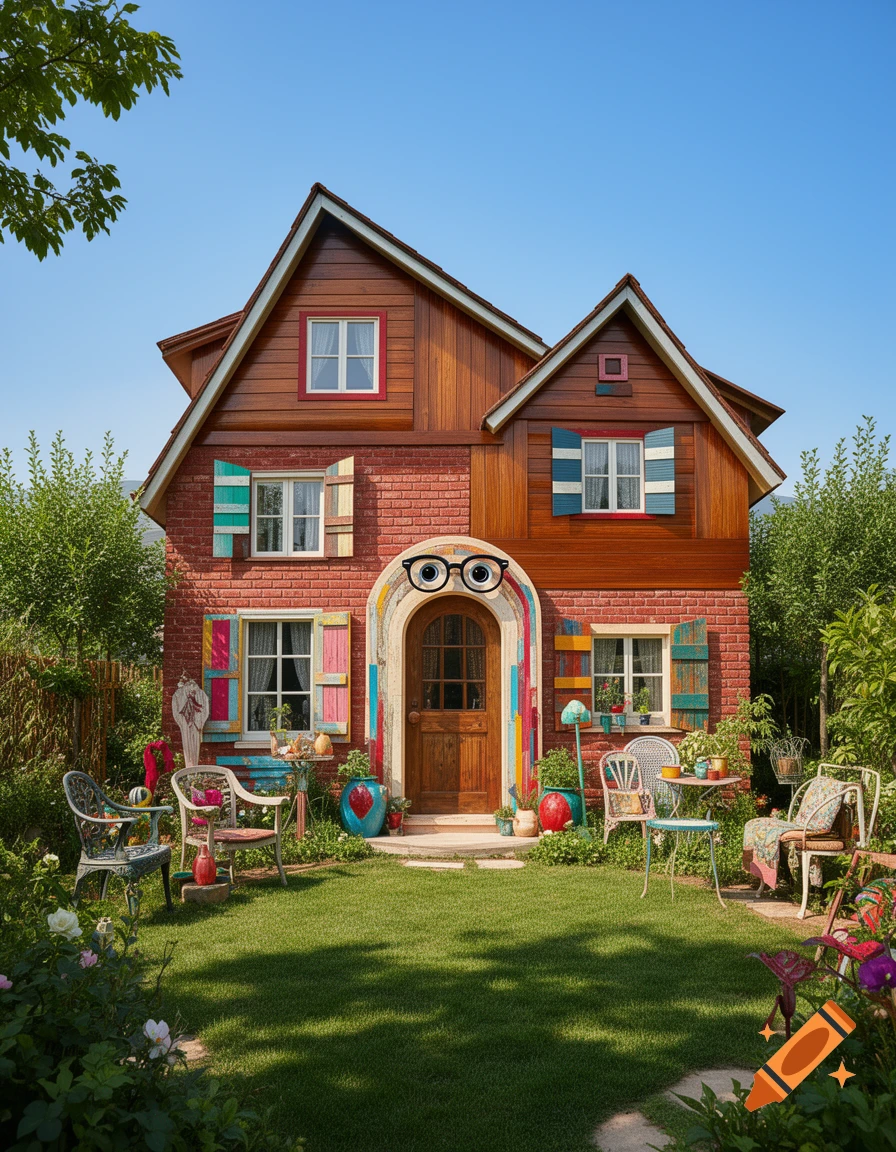 A whimsical brick and wood house with colorful shutters and an archway, featuring cartoon glasses above the front door, set in a sunny garden.