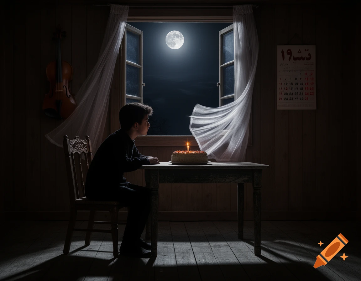 A boy sits at a wooden table in a dimly lit, cabin-like room, looking out an open window at a full moon. A single candle burns on a birthday cake in front of him. A violin hangs on the wall, and a calendar is nearby. White curtains billow from the wind.