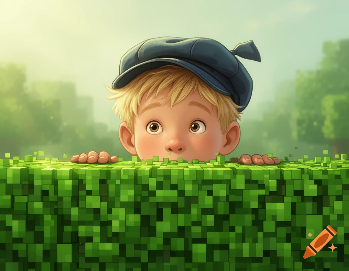 A blond boy in a blue cap peeks over a green pixelated Minecraft-style hedge, looking curious.