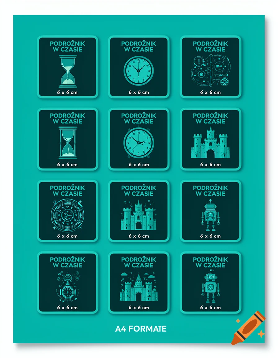 Twelve teal square badges in a grid. Icons include hourglasses, clocks, castles, and robots. Text 'PODROŻNIK W CZASIE' and 'A4 FORMATE'.