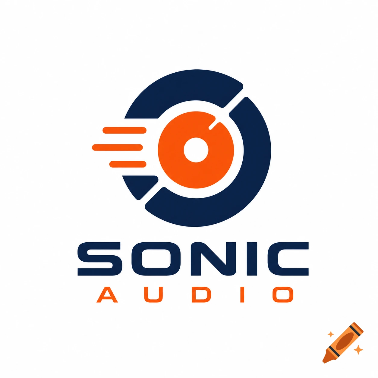 A minimalist logo featuring a dark blue and orange stylized disc with three horizontal lines, above the text "SONIC AUDIO" in blue and orange.