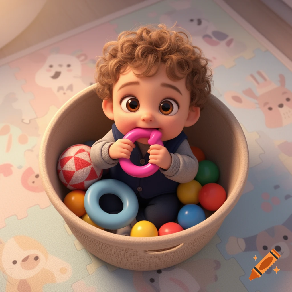 A cute 3D animated toddler with curly hair sits in a basket of colorful toys, chewing a pink ring on a play mat.