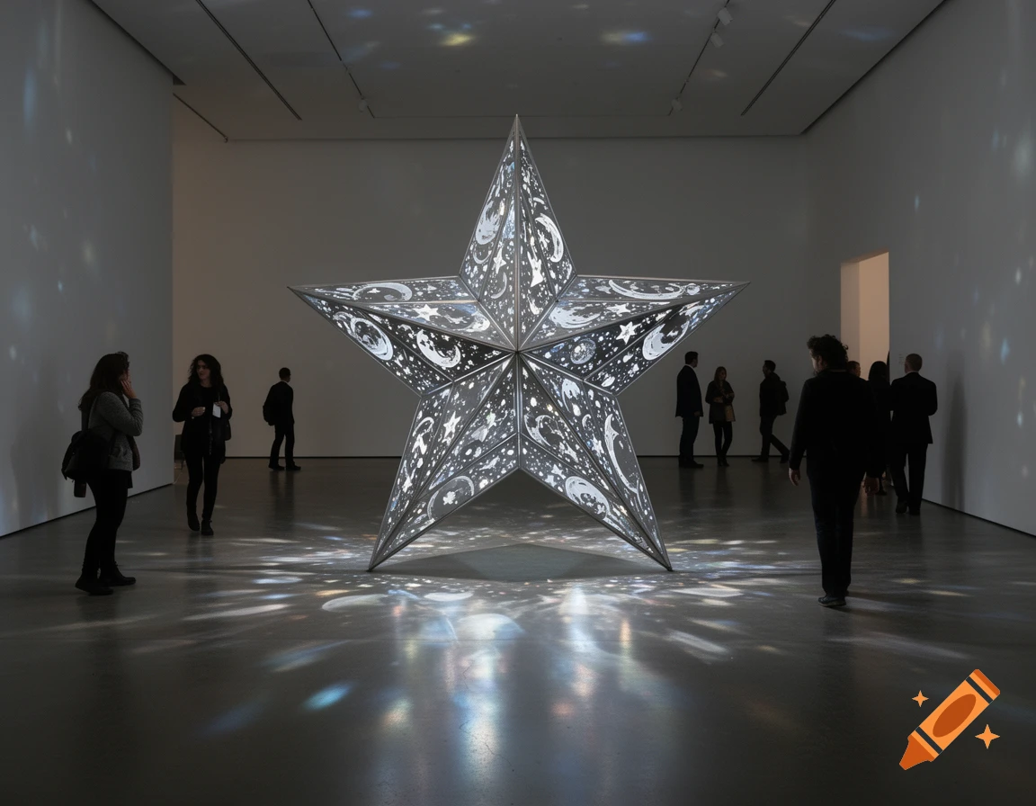 A large, illuminated star sculpture stands centrally in a minimalist art gallery, surrounded by visitors.