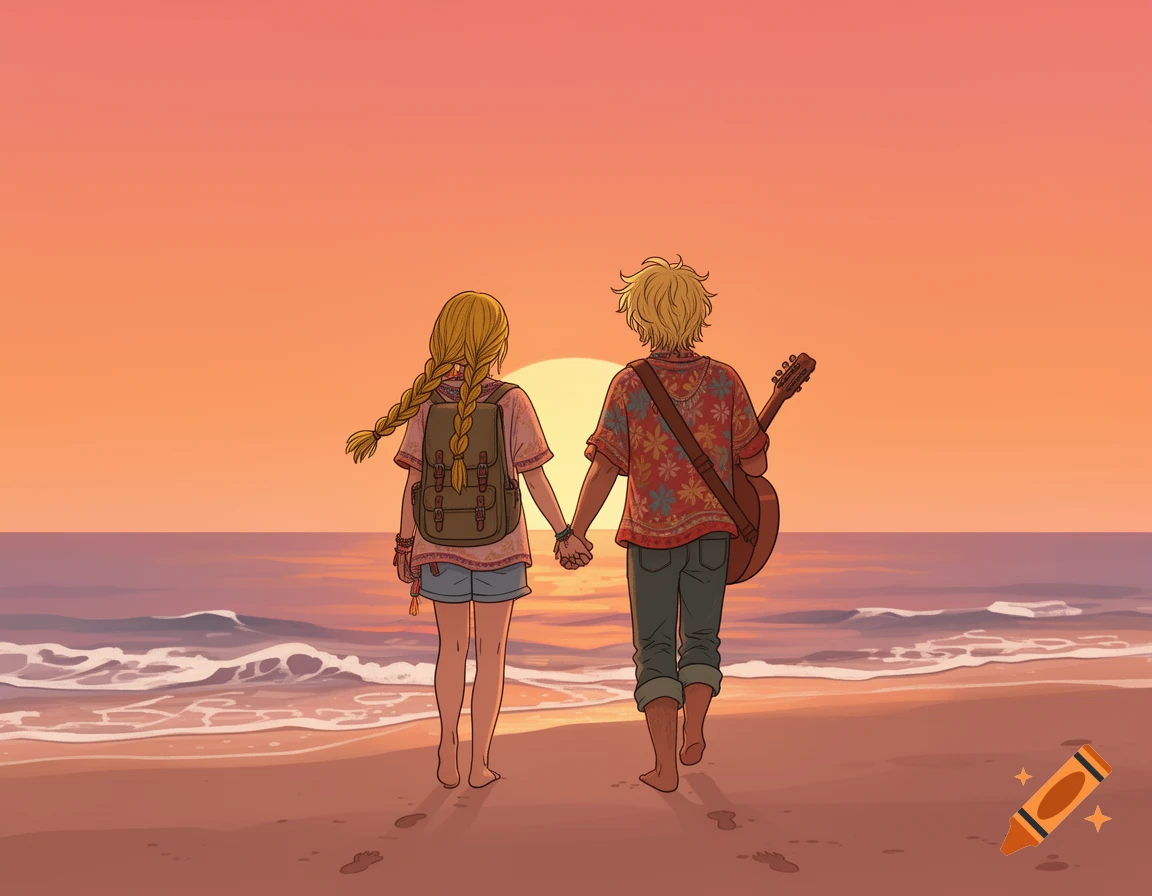 A stylized illustration of a young couple, holding hands, walking on a beach towards a sunset.