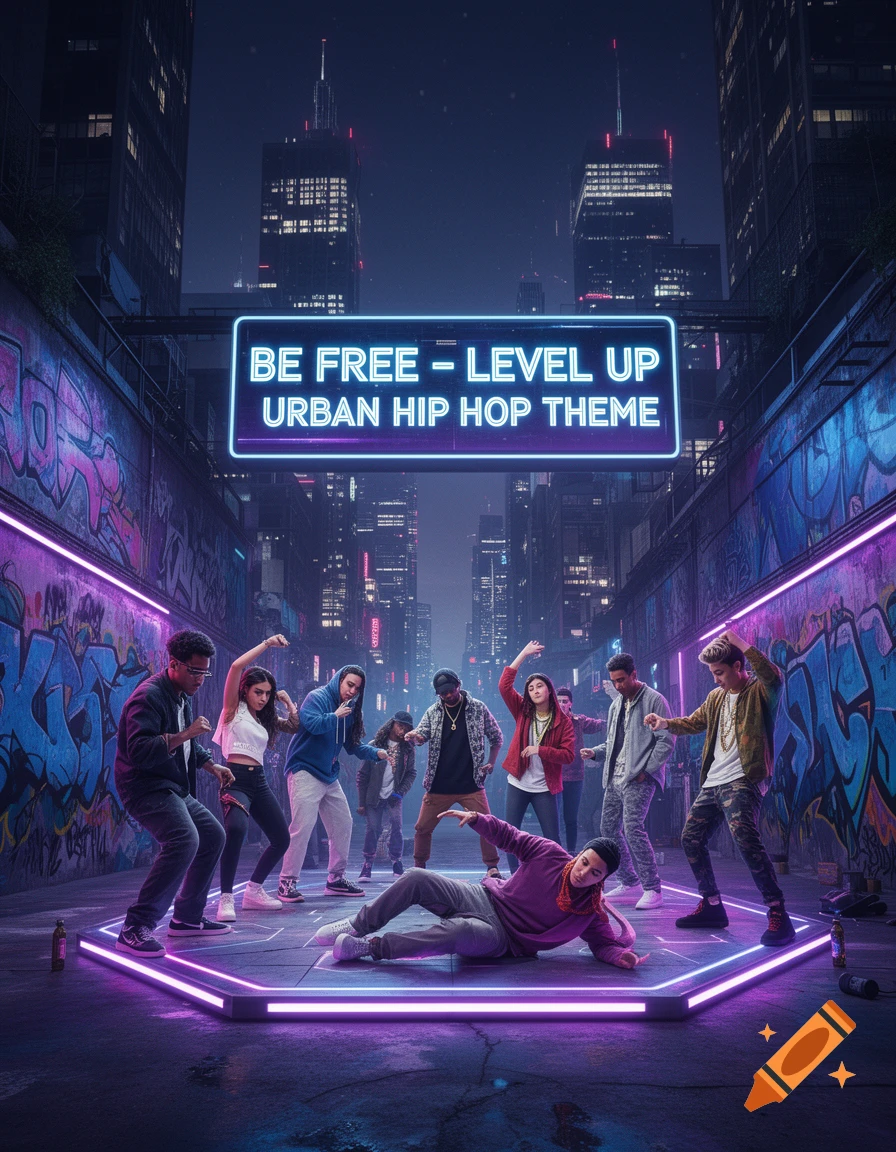 Group of diverse young people dancing hip-hop in a neon-lit urban alley at night, with a 'BE FREE - LEVEL UP URBAN HIP HOP THEME' sign.