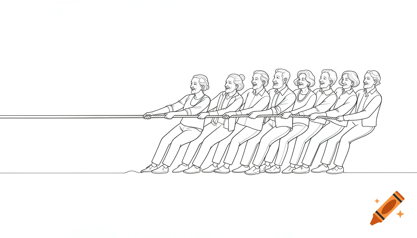 Line art illustration of eight smiling senior citizens pulling a rope in a tug-of-war.