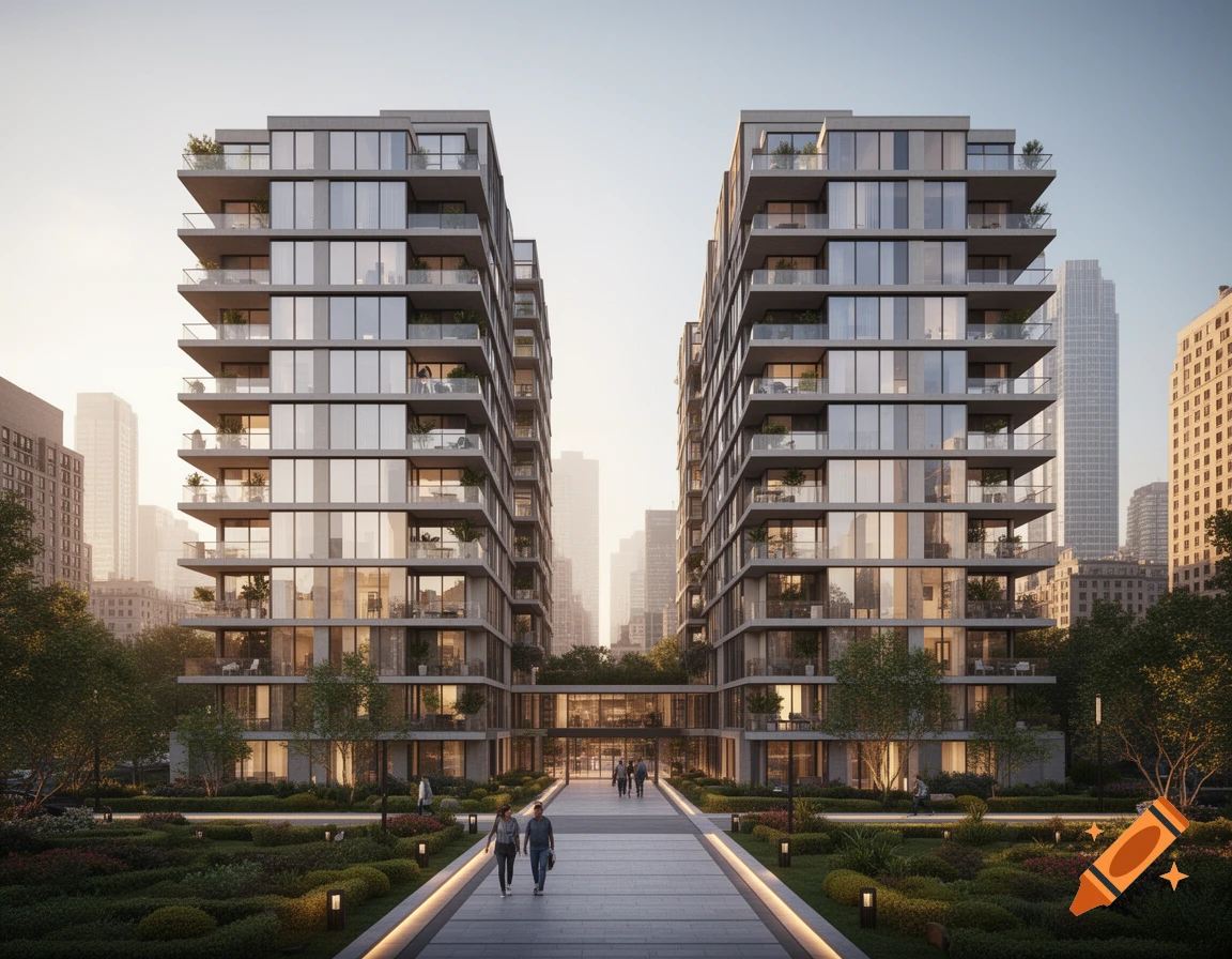 Two modern condominium buildings with balconies face each other across a landscaped garden and pathway in a city.
