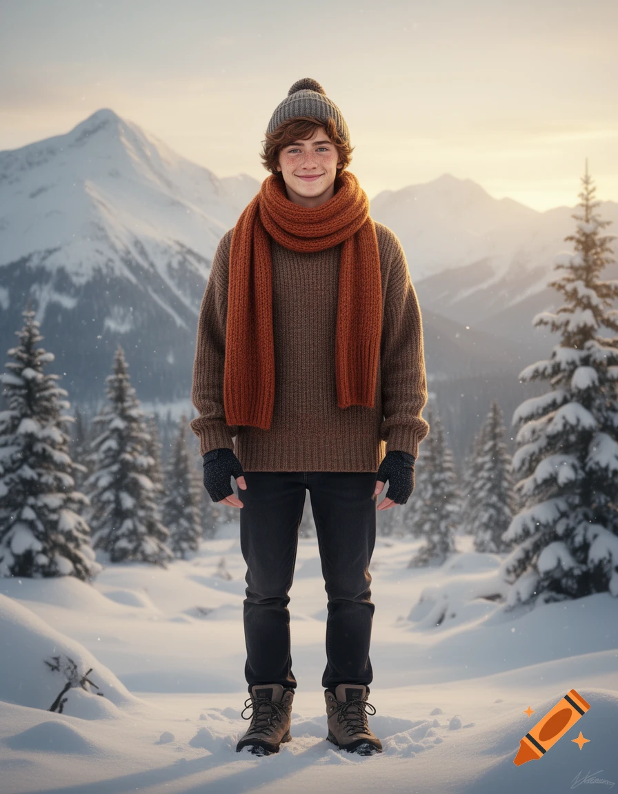 A smiling young man in a brown sweater, orange scarf, and beanie stands in a snowy mountain landscape.