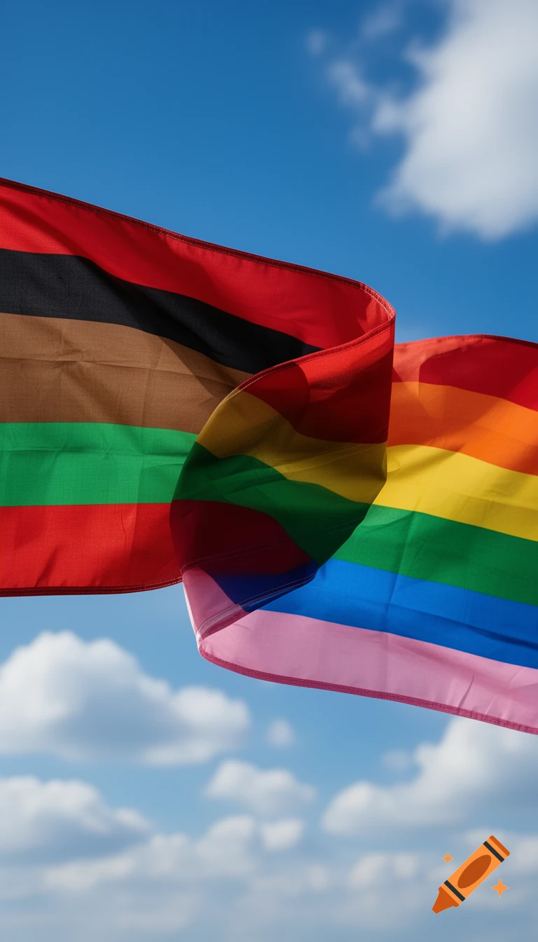 The Pan-African flag and a rainbow LGBTQ+ flag are intertwined and waving against a clear blue sky with white clouds.