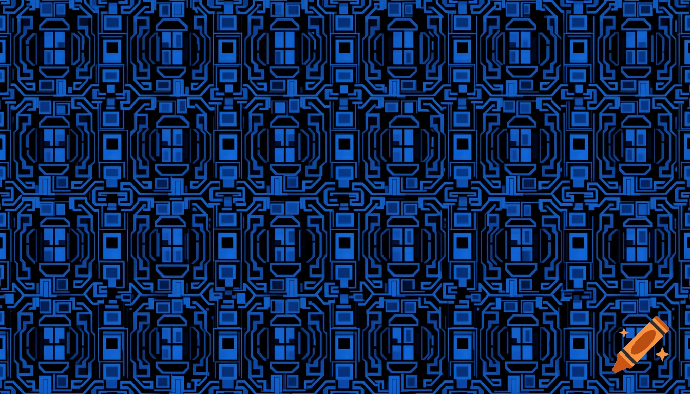 A seamless repeating pattern of intricate blue digital circuit lines and geometric shapes on a black background.