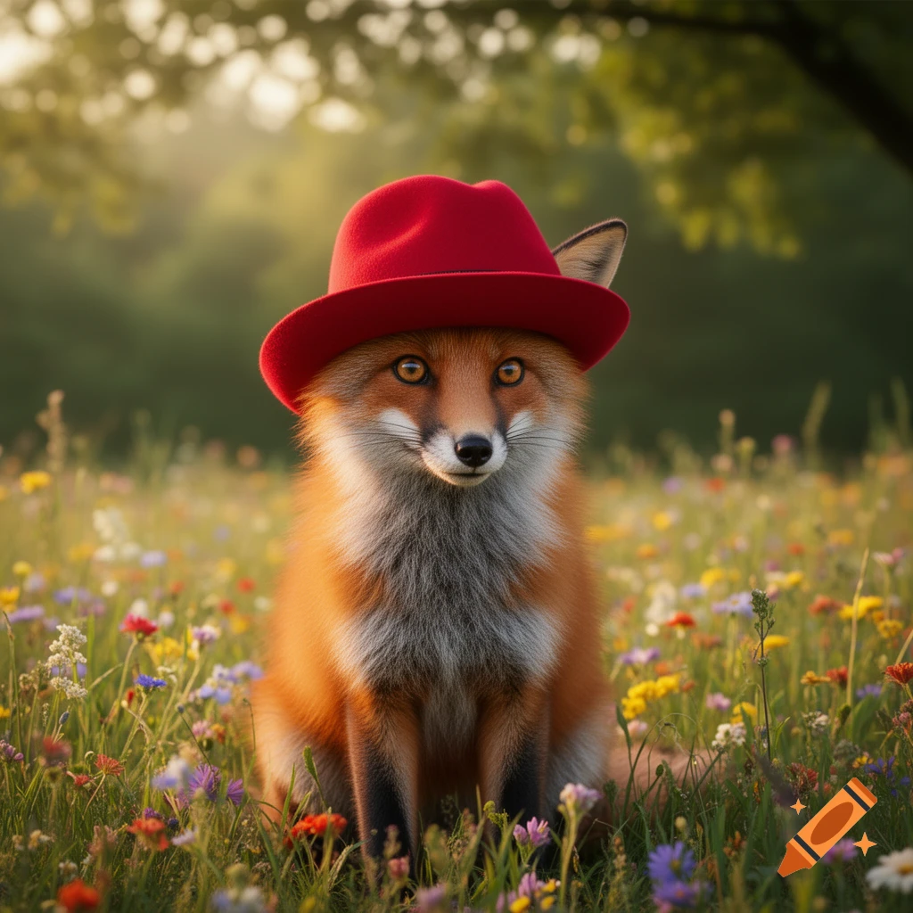 A photorealistic fox with a red fedora sits in a vibrant field of colorful wildflowers under soft sunlight.