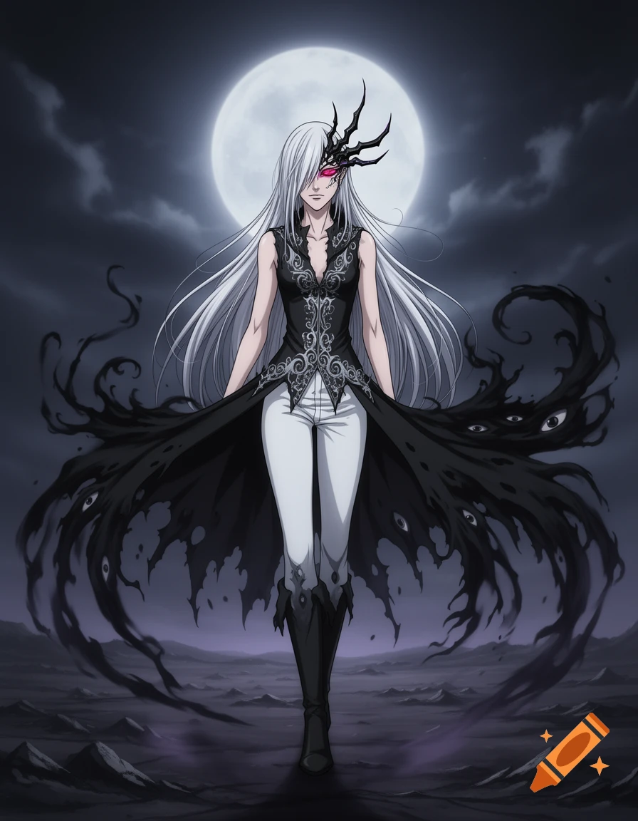 An anime-style woman with long white hair and a black, tattered cloak with glowing eyes stands under a full moon in a desolate landscape.