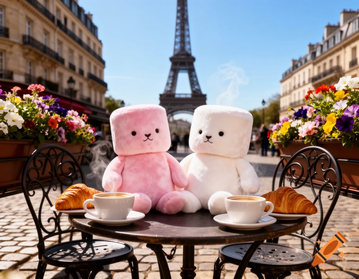 Two pink and white marshmallow plush toys sit at an outdoor cafe table in Paris, enjoying coffee and croissants with the Eiffel Tower in the background.