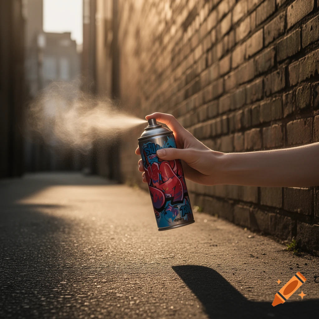 A hand holds a spray paint can with graffiti-like art, emitting mist in a sunlit urban alley next to a brick wall.