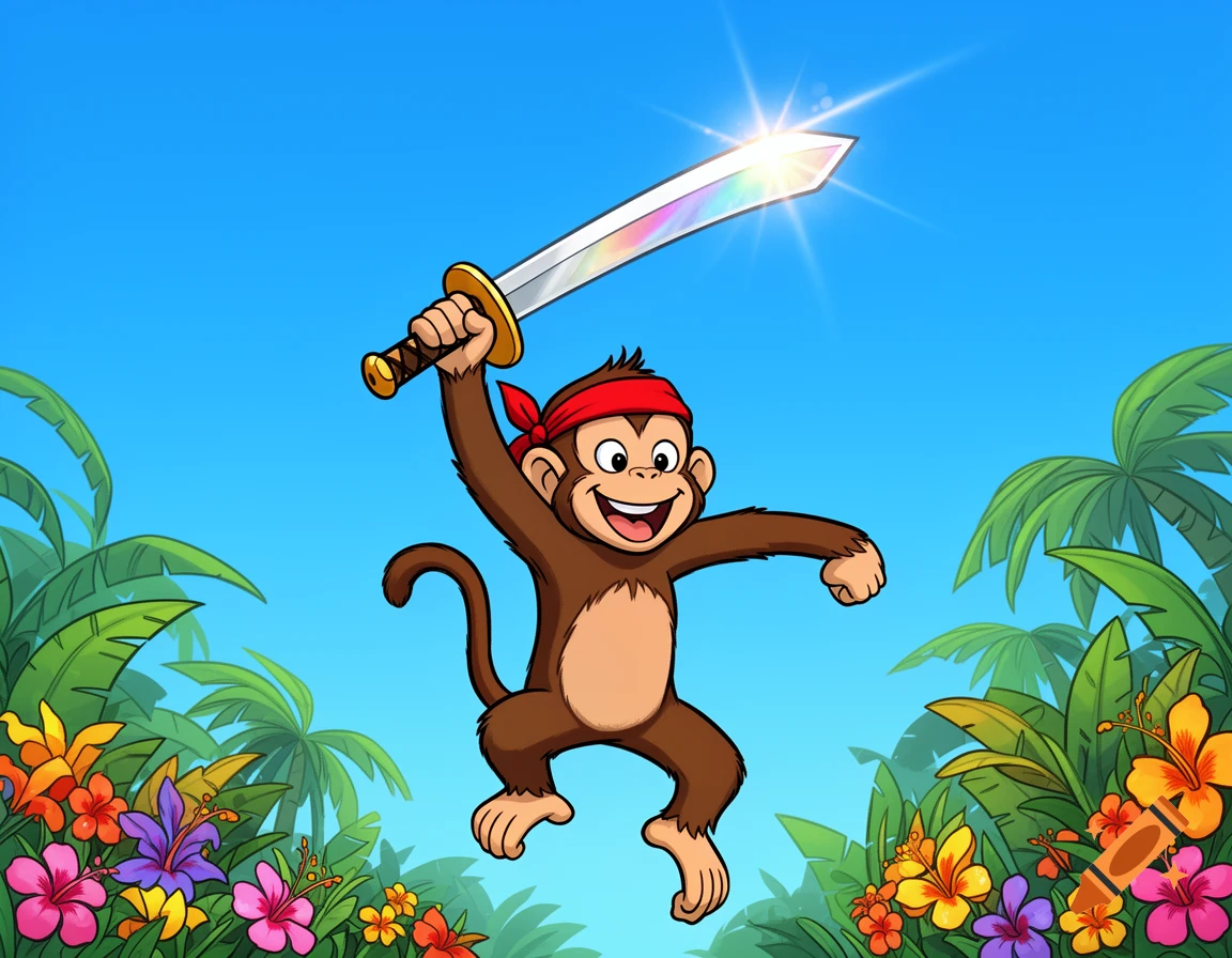 A cartoon monkey wearing a red bandana jumps with a shining sword against a blue sky, surrounded by vibrant jungle foliage and flowers.