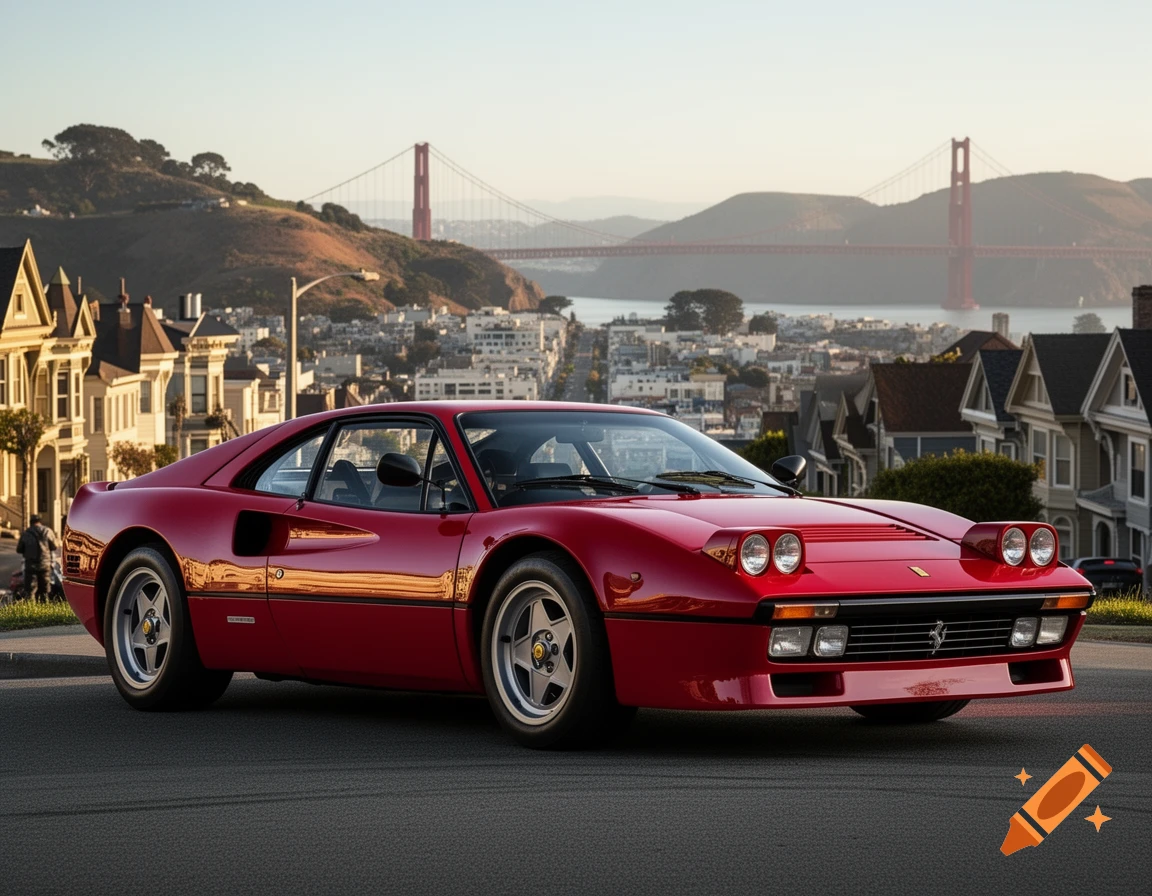 A gleaming red Ferrari 288 GTO is parked on a street in San Francisco, with the Golden Gate Bridge and city skyline in the background under a clear sky.