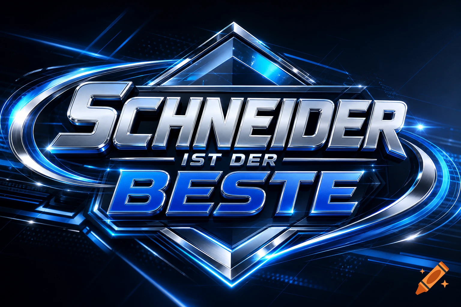 A modern, metallic logo with "SCHNEIDER IST DER BESTE" in silver and blue, surrounded by glowing blue lines and futuristic elements.