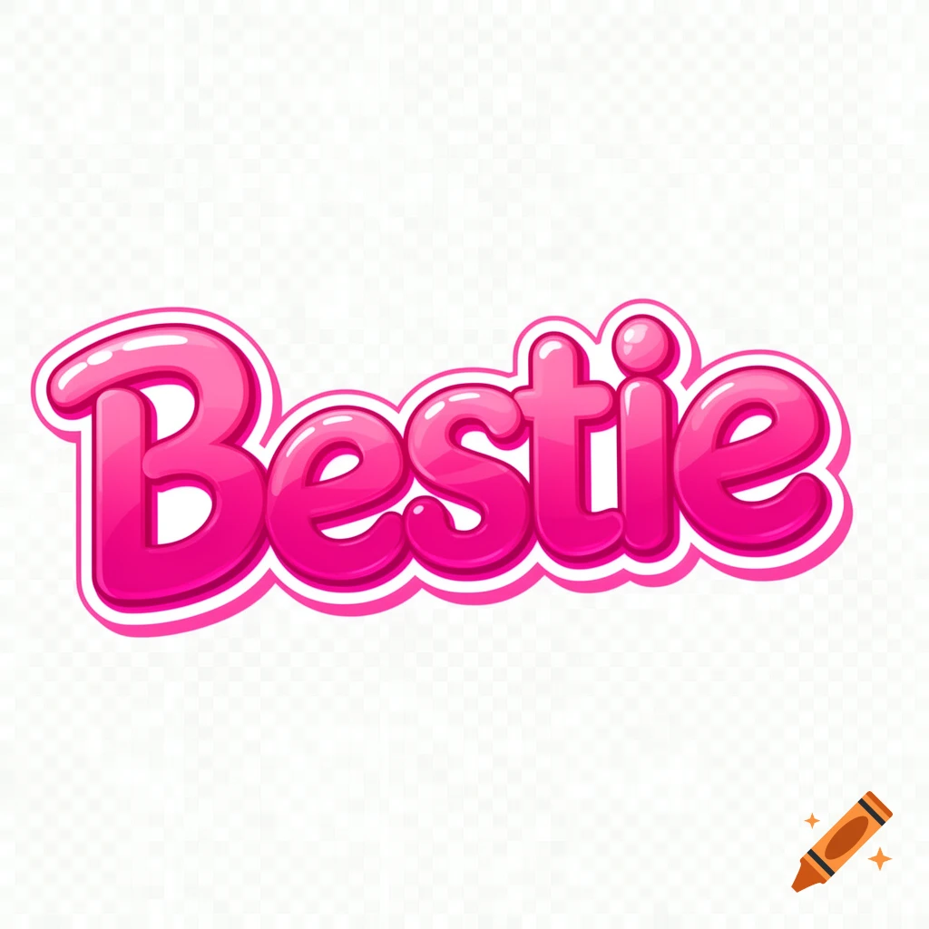 Glossy hot pink bubble letters spelling 'Bestie' with a white outline and subtle 3D shine on a transparent background.