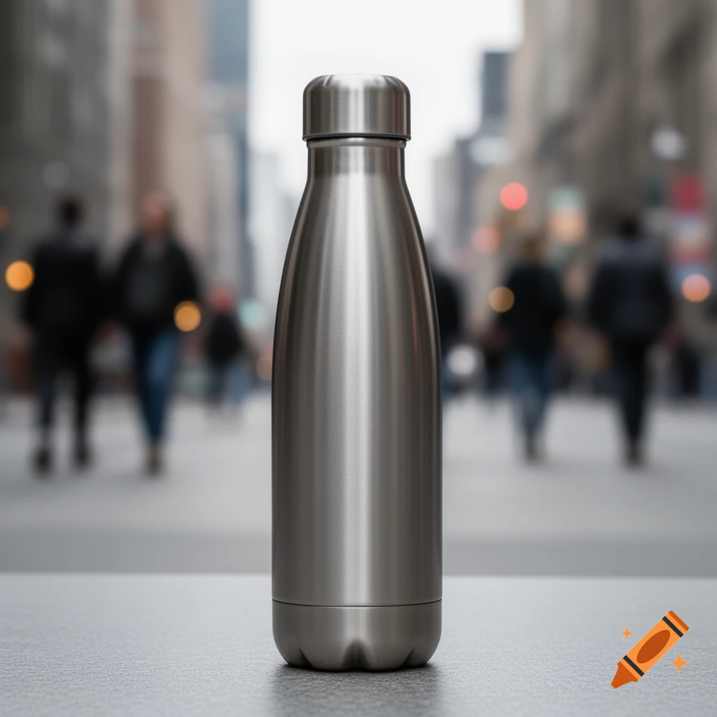 A photorealistic stainless steel water bottle stands on a surface with a blurred city street in the background.