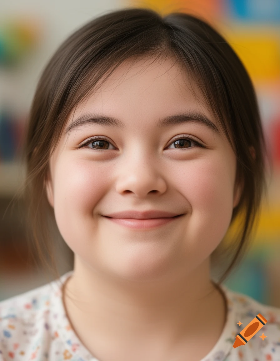 Detailed photorealistic portrait of a young girl with Down syndrome, smiling gently at the viewer.