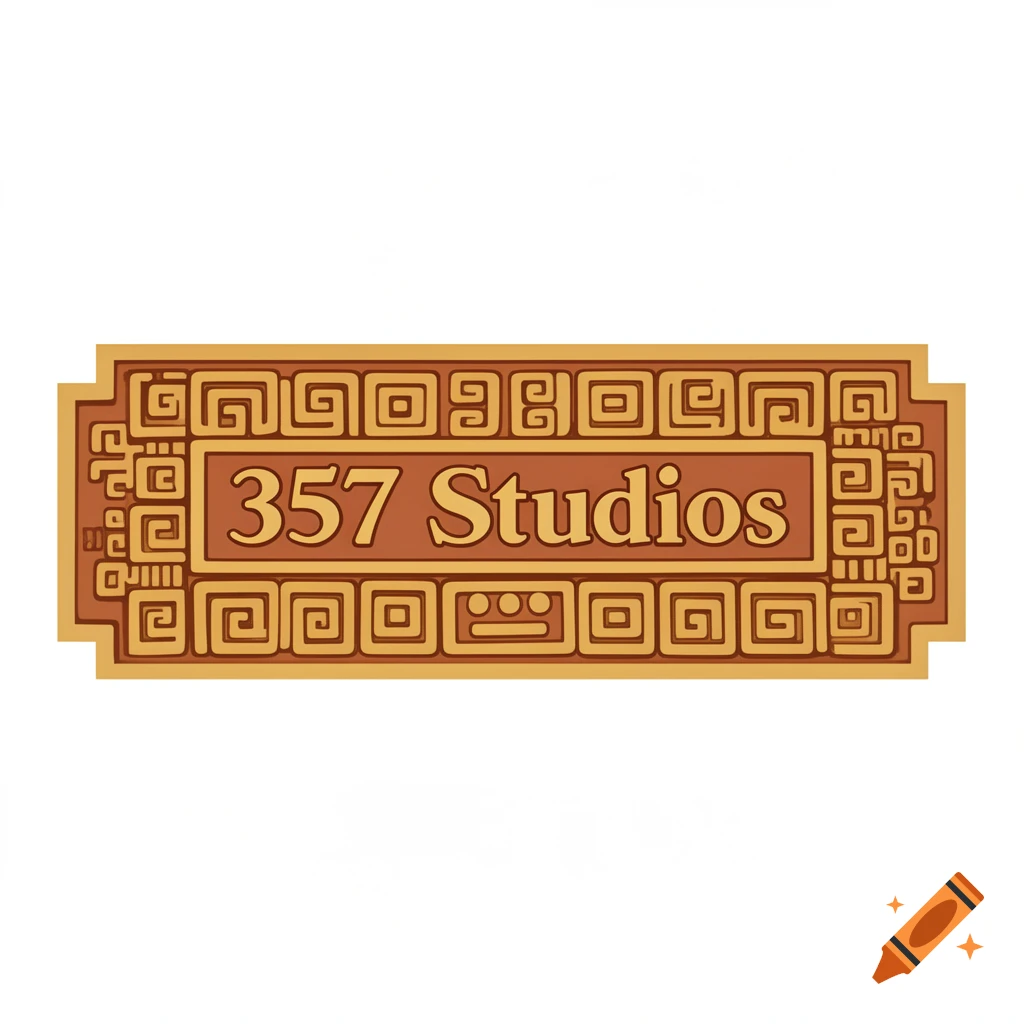 A rectangular sign with an Aztec-inspired brown and gold pattern, featuring the text "357 Studios" centrally, on a white background.