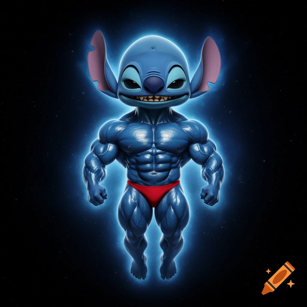 Hyper-realistic image of Stitch from Lilo & Stitch as a muscular bodybuilder in a red thong, floating in space with a blue aura.
