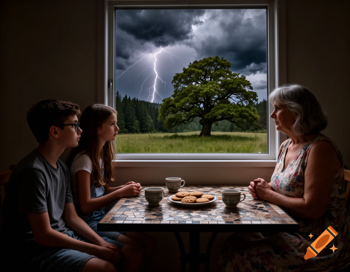 An elderly woman and two children sit at a mosaic table, looking out a window at a thunderstorm with lightning striking near a large tree in a field.